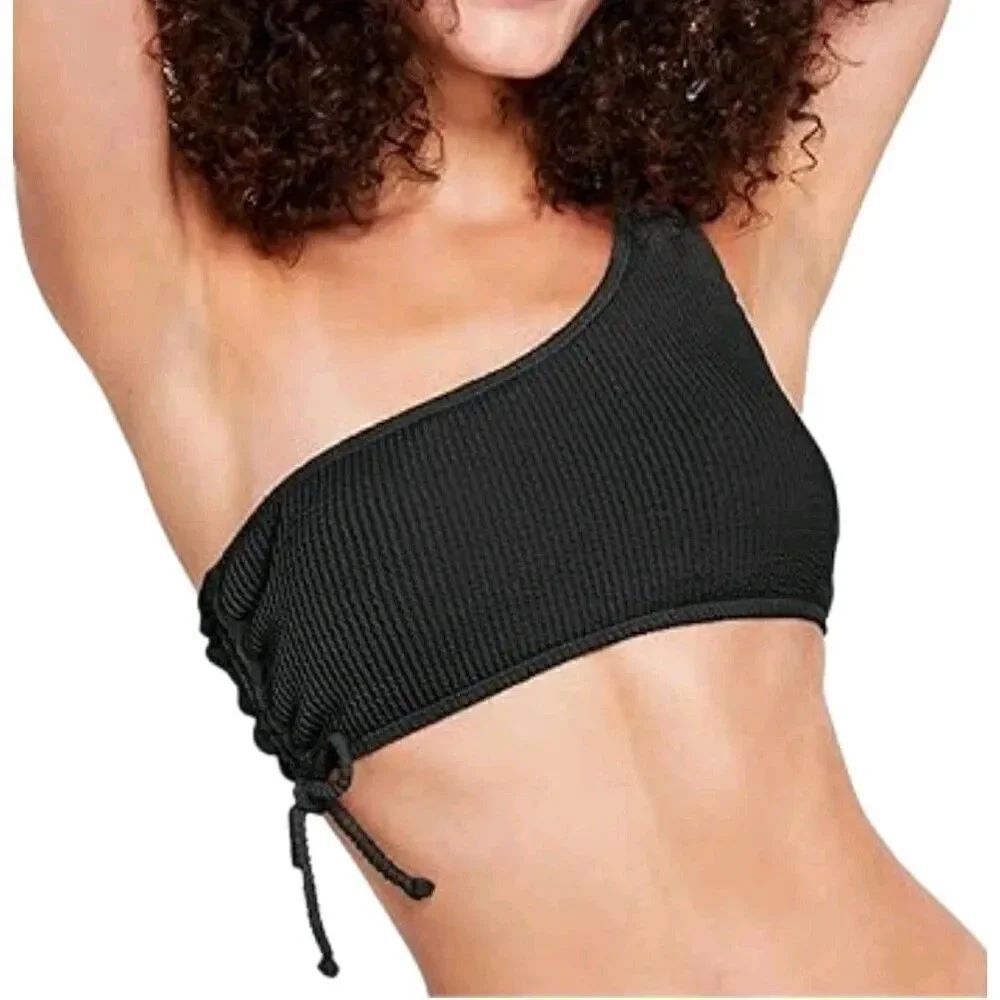 Salt + Cove One Shoulder Black Bikini Swim Top Ribbed Ruched Womens Size XS